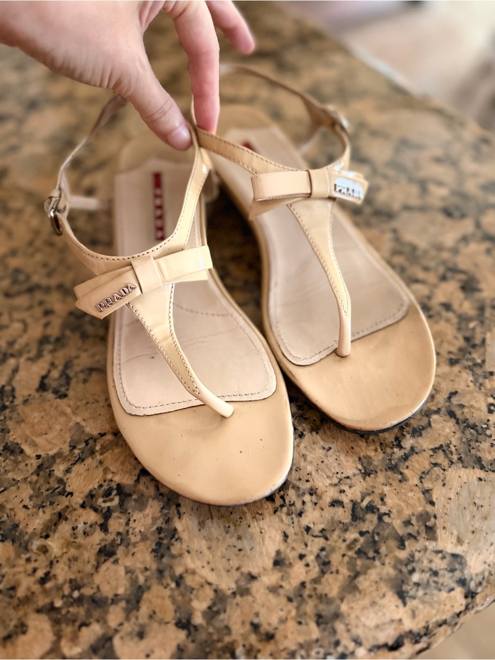 Prada wedge bow t-strap sandal size 7 - read